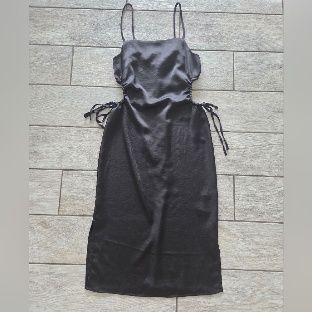 HOUSE OF HARLOW Satin Black Midi Slip Dress Small Side Keyhole Cutout Cocktail - Picture 4 of 12